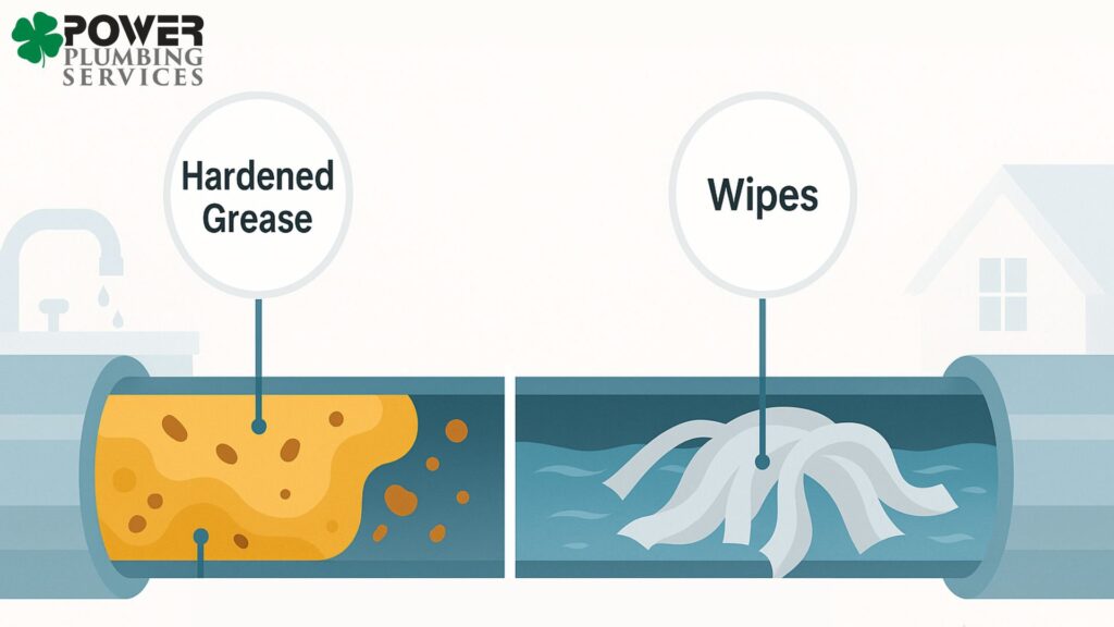 Cross-section of clogged pipe with grease buildup and wipes obstruction