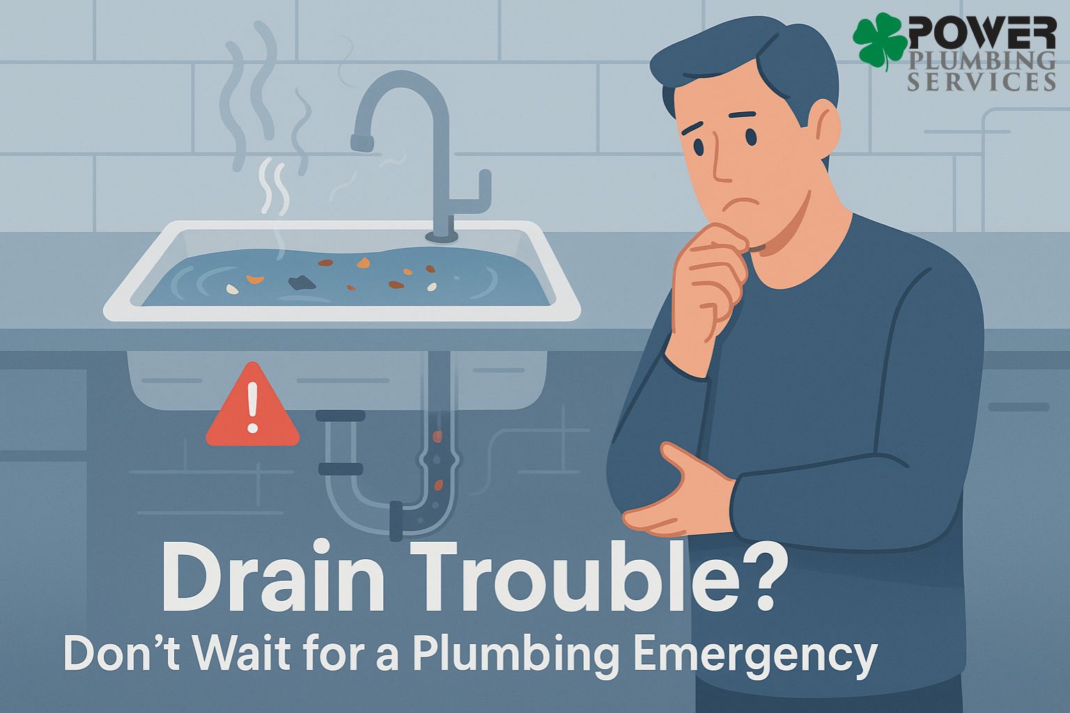 Banner illustration showing a homeowner concerned about a clogged kitchen sink with visual indicators of slow drainage and pipe blockage.