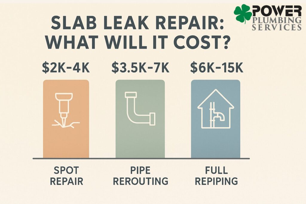 Infographic comparing slab leak repair costs: spot repair vs. rerouting vs. full repiping