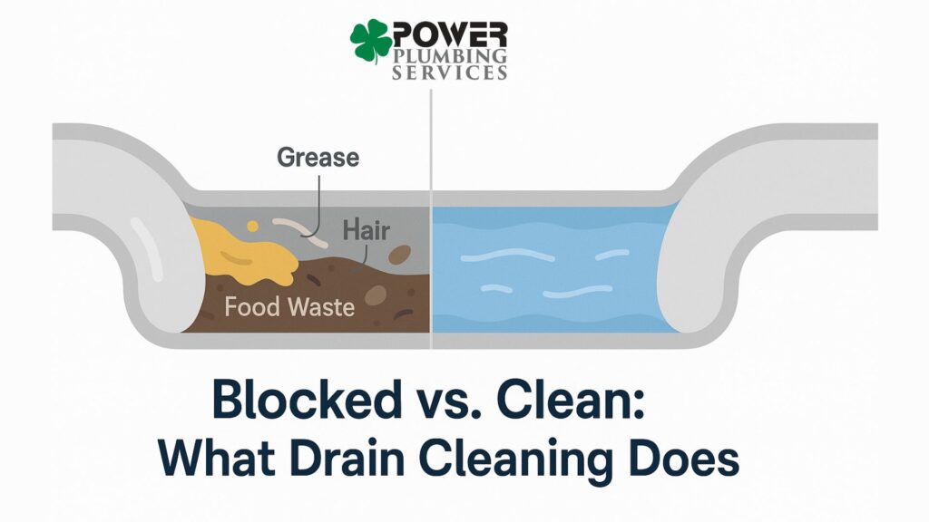 Split-view diagram of pipe before and after professional drain cleaning