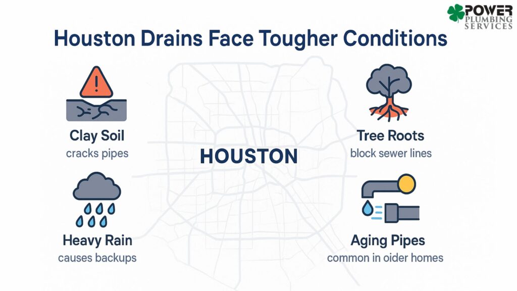 Houston map infographic showing local plumbing risks and drain issues