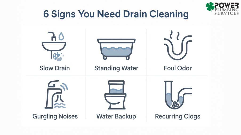 Icon grid of 6 warning signs for needing professional drain cleaning