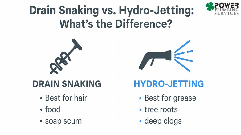 Side-by-side comparison of drain snaking vs. hydro-jetting tools and applications