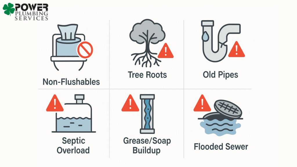 Grid showing icons of six common causes of toilet backups