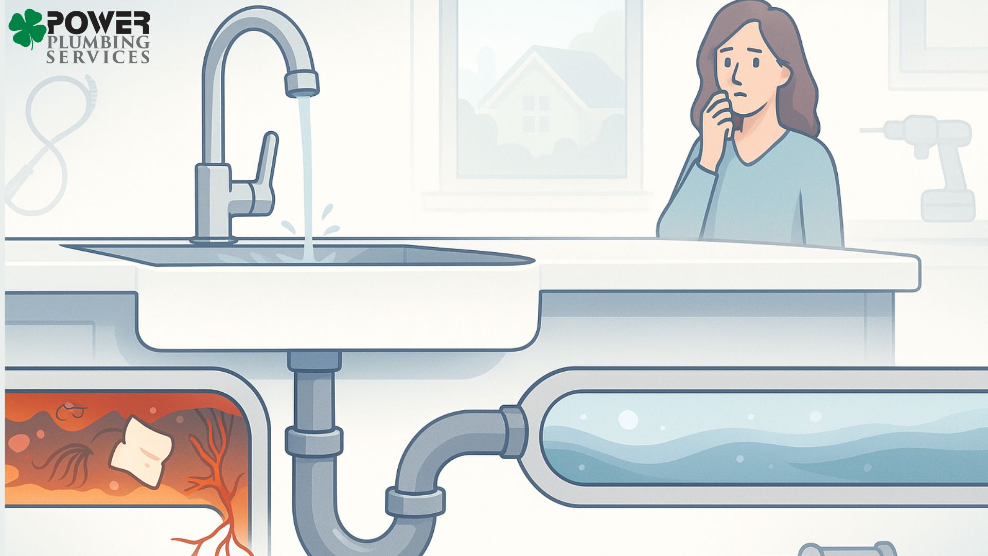 Illustration of a Houston home’s drainpipe showing clog buildup