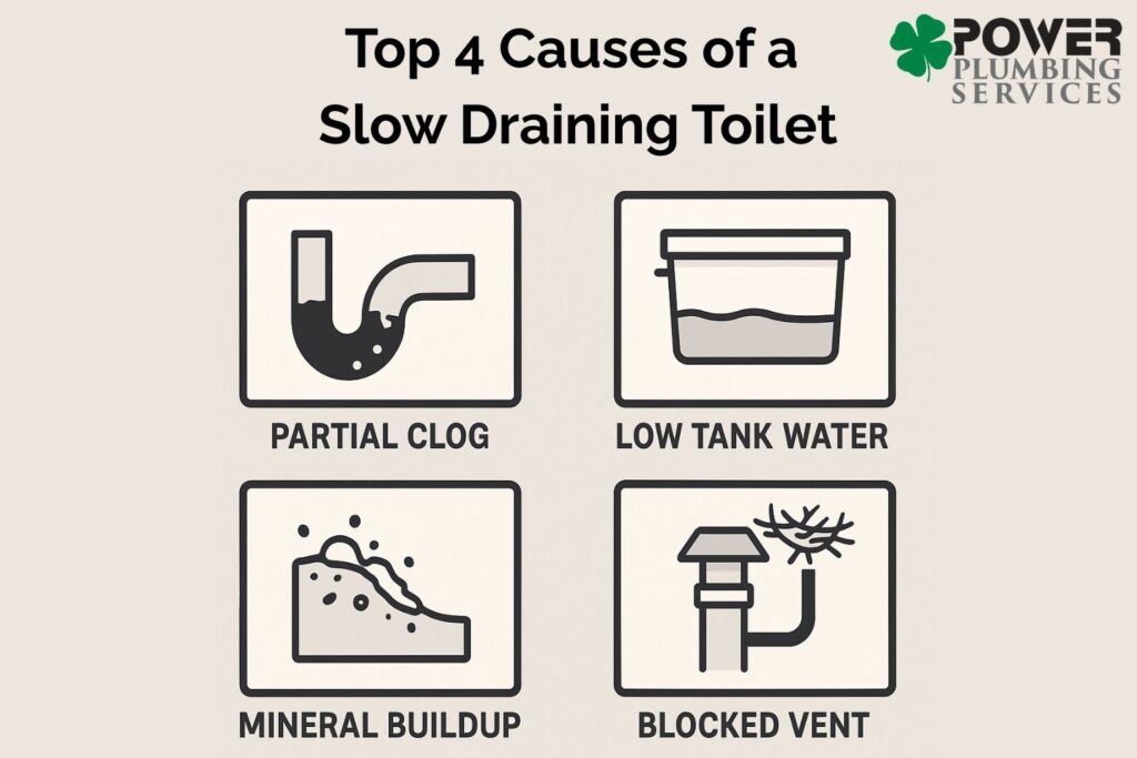 Four common reasons toilets flush slowly, shown with icons and labels.