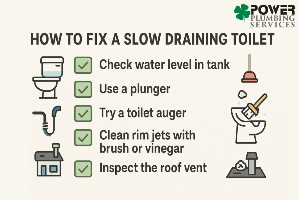DIY checklist for fixing a slow draining toilet.