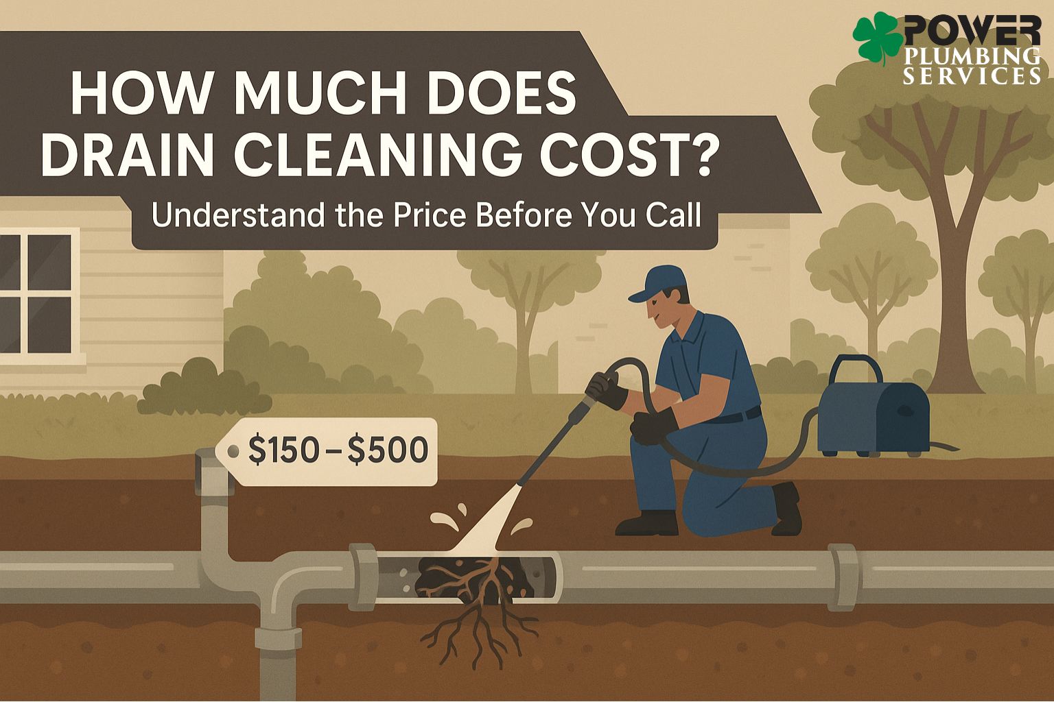 Banner showing a home’s clogged drain being cleared by a plumber with pricing visual cues.