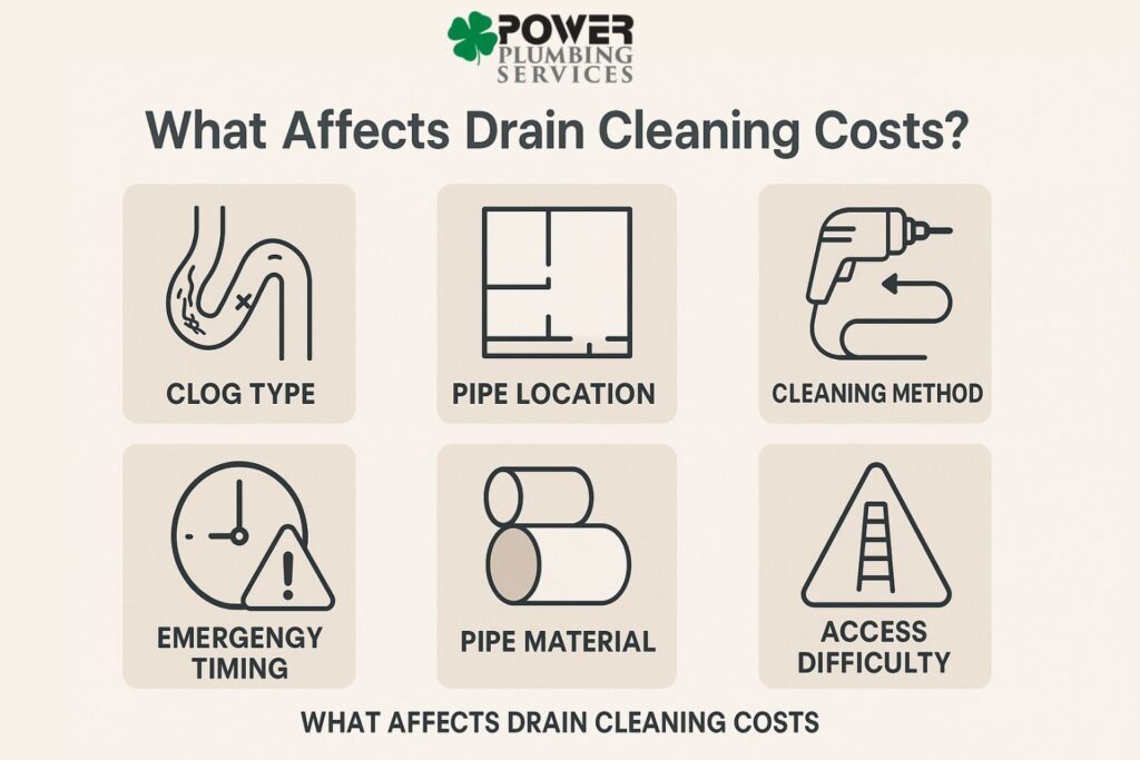 Icon grid showing six factors that affect drain cleaning costs.