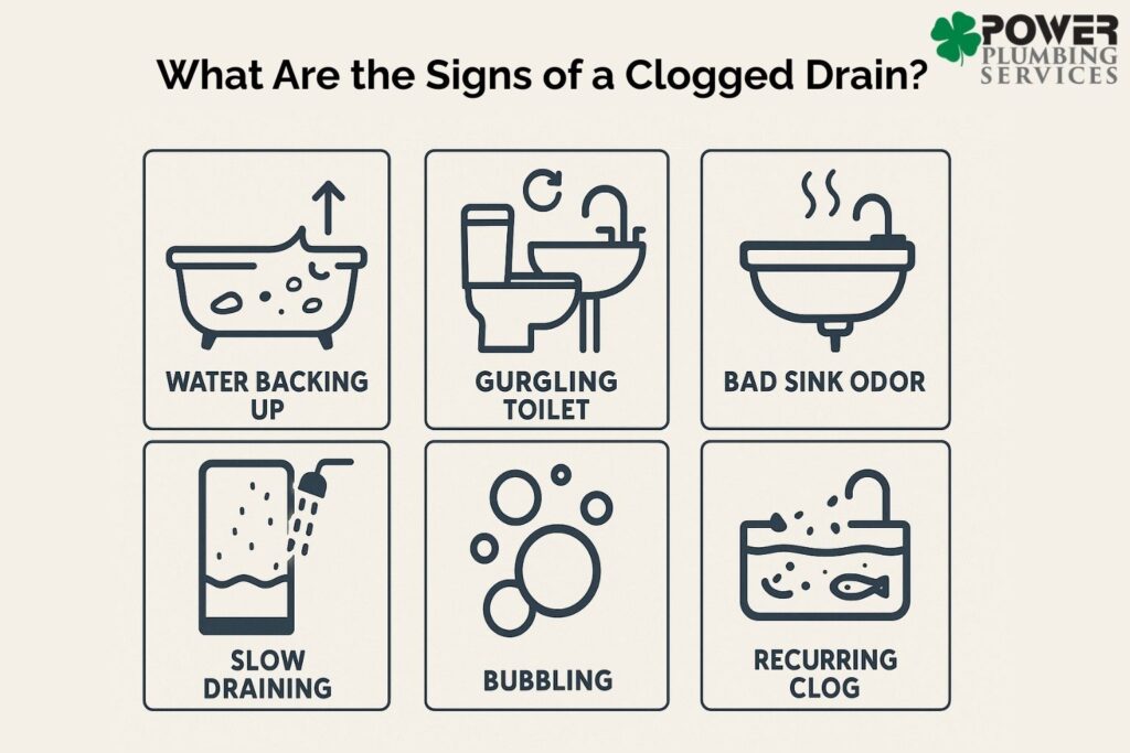 Icons representing warning signs that indicate a clogged drain system.