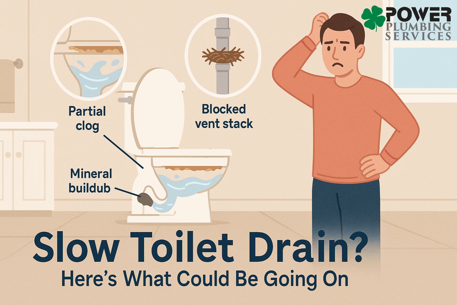 Cutaway toilet diagram showing causes of a slow flush including clog, buildup, and vent issues.